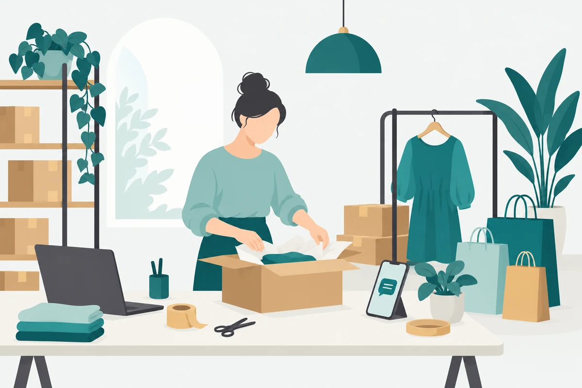 Ilustración de una tienda de moda en línea con prendas, bolsas de compra y mensajes de clientas