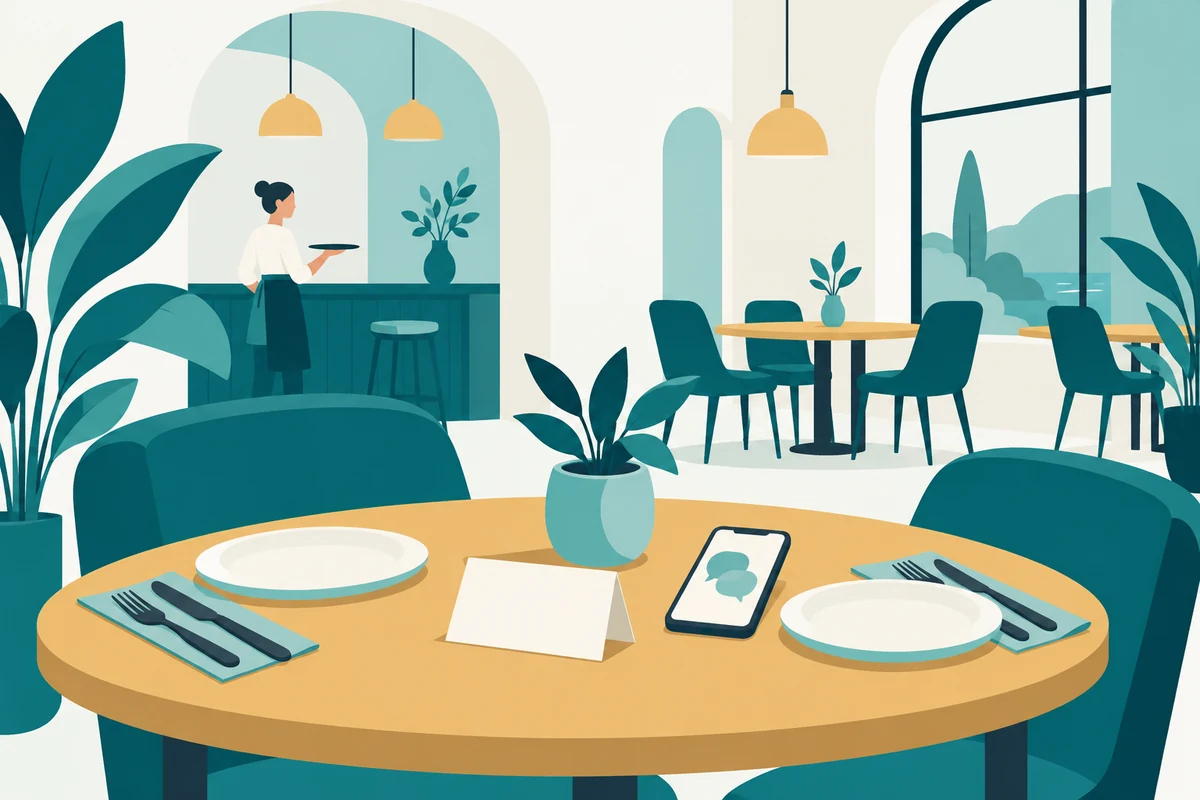 Ilustración del comedor de un restaurante con mesas listas para recibir reservaciones