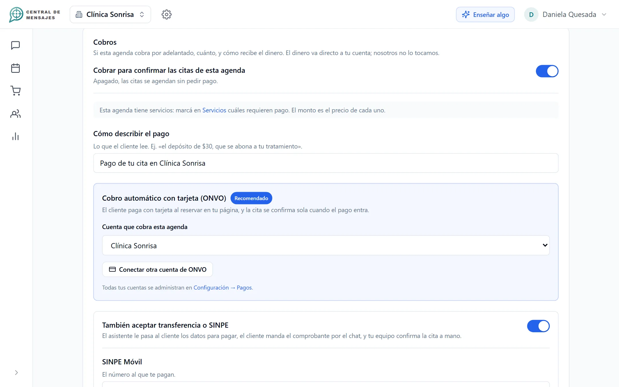 Configuración de cobro por servicio con tarjeta y SINPE