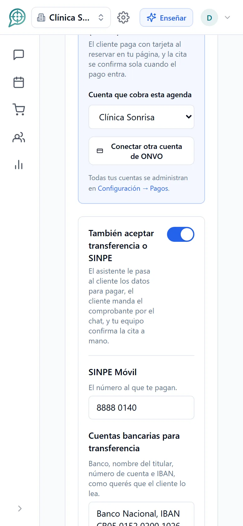 Página de reserva con pago y configuración de cobro por servicio (móvil)