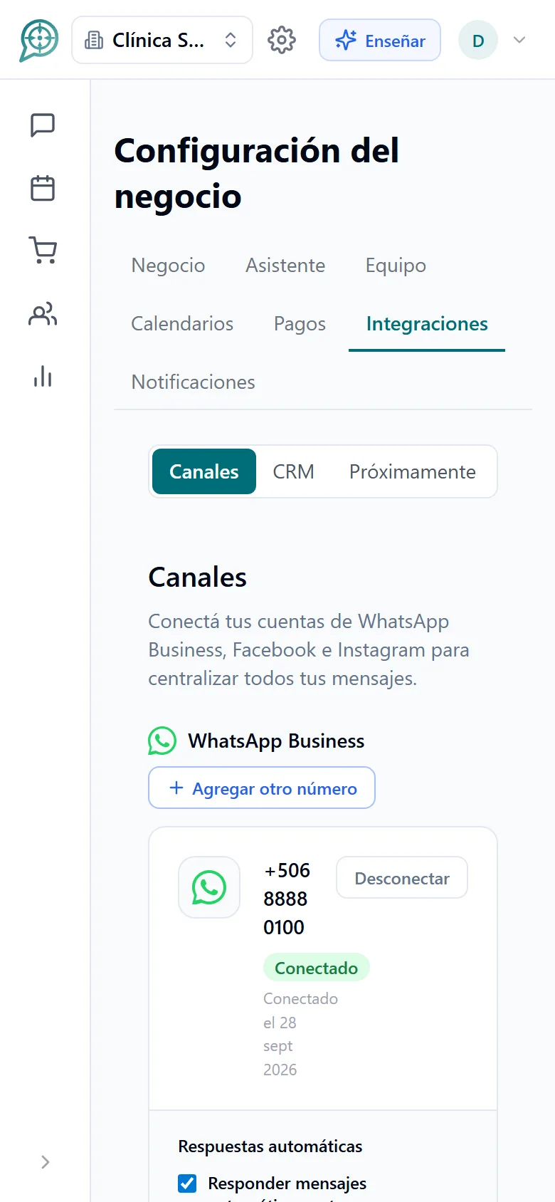 Pantalla de canales con interruptores de mensajes y comentarios (móvil)