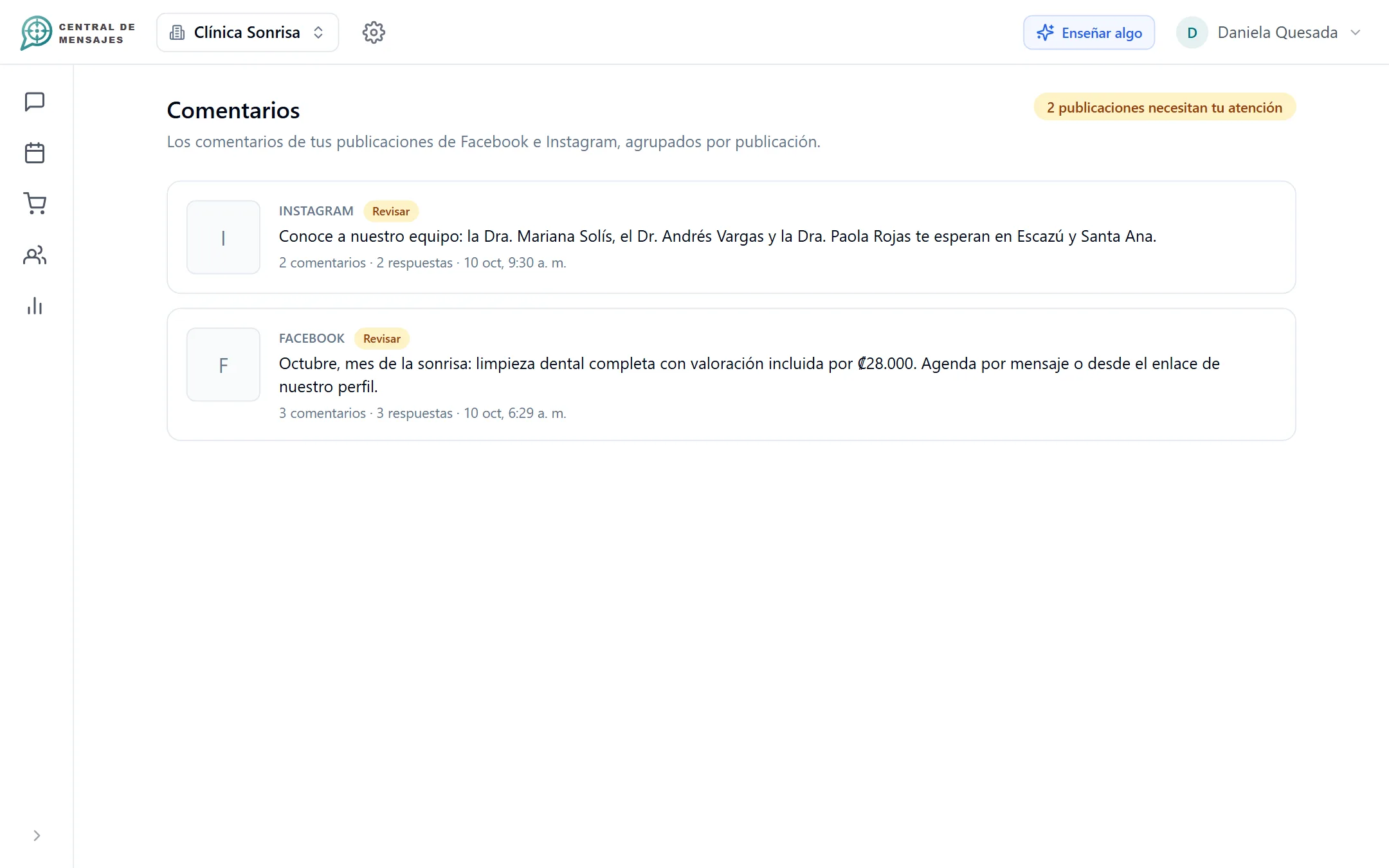 Bandeja de comentarios de Facebook e Instagram con respuestas del asistente