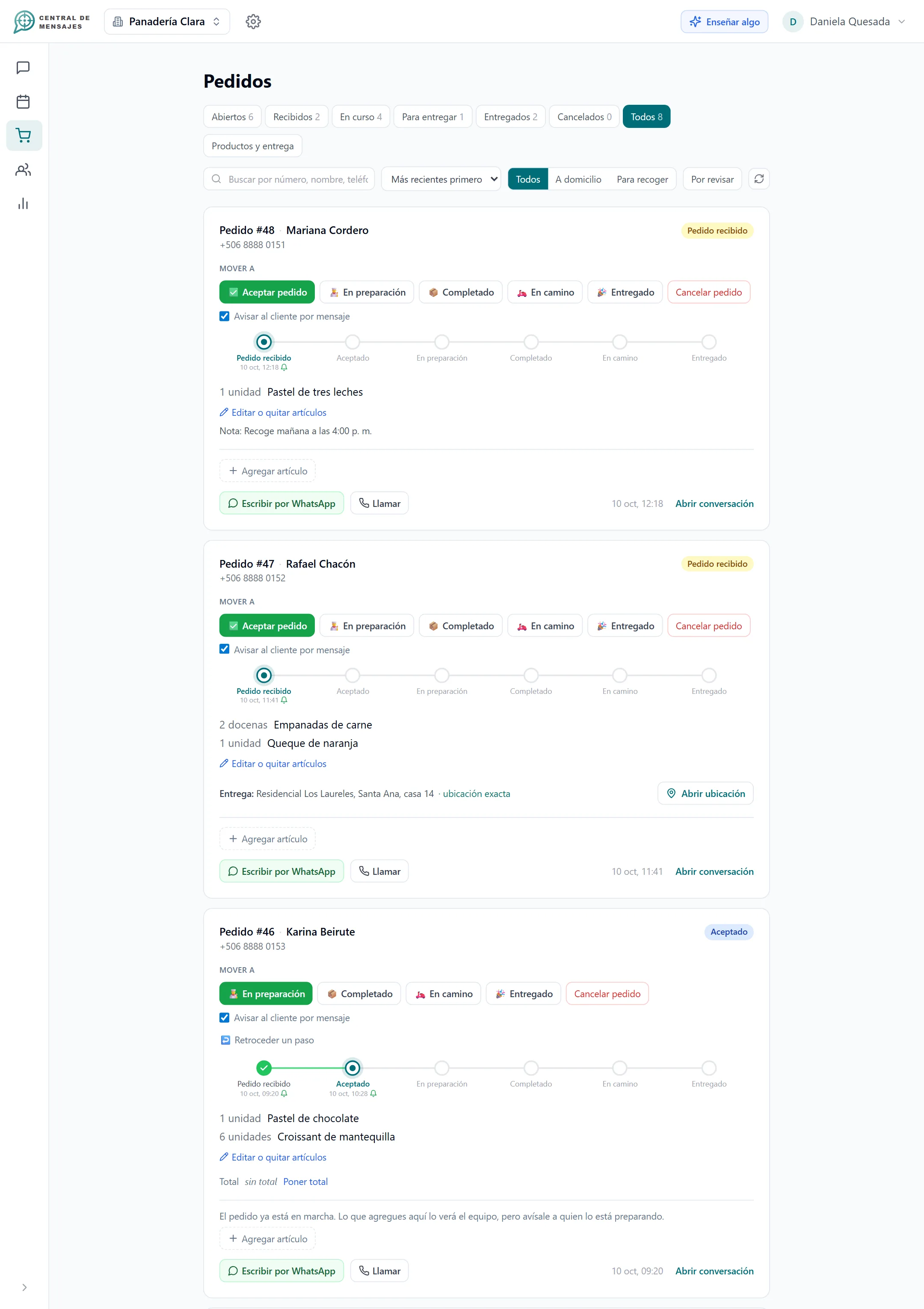 Tablero de pedidos y aviso de estado al cliente