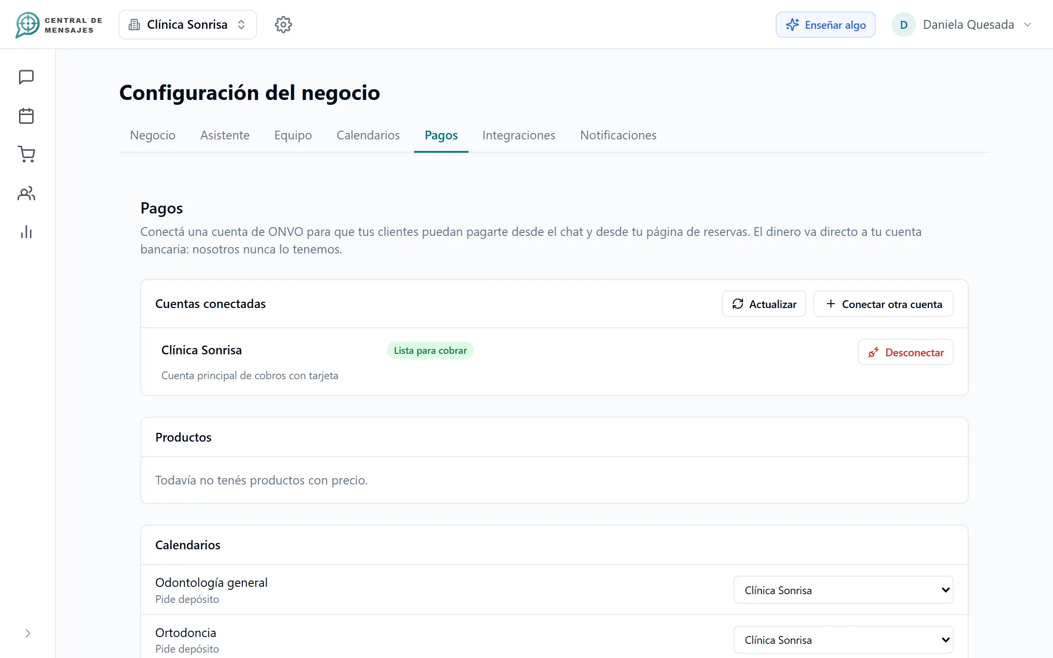 Pantalla de configuración de pagos con la cuenta de cobro conectada