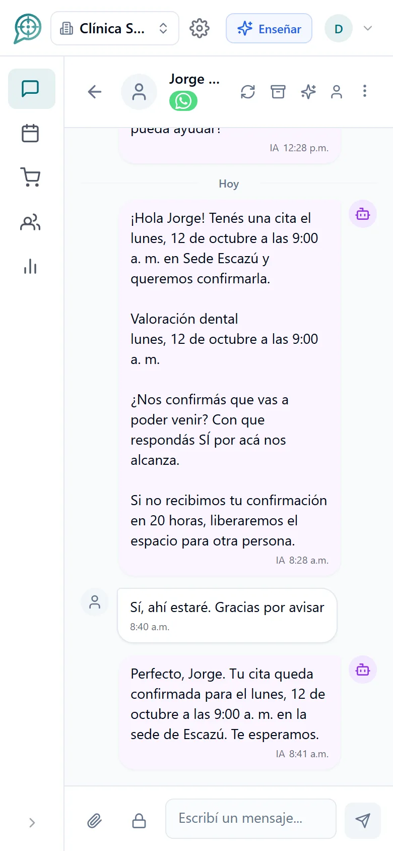 Conversación de WhatsApp donde el cliente confirma su cita (móvil)